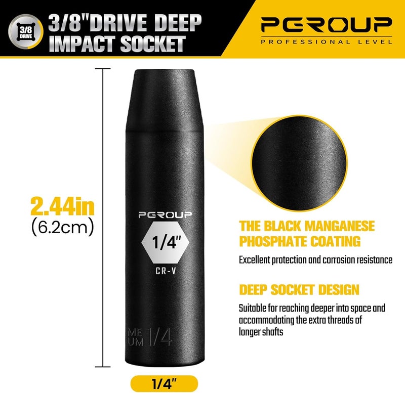 pgroup 3/8” Drive Deep Impact Socket, SAE(1/4 Inch socket), 6-Point, Cr-V Steel With Black Manganese Phosphate Coating - Image 2